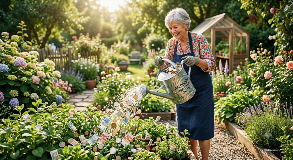 Frau im Garten gießt Geld aus