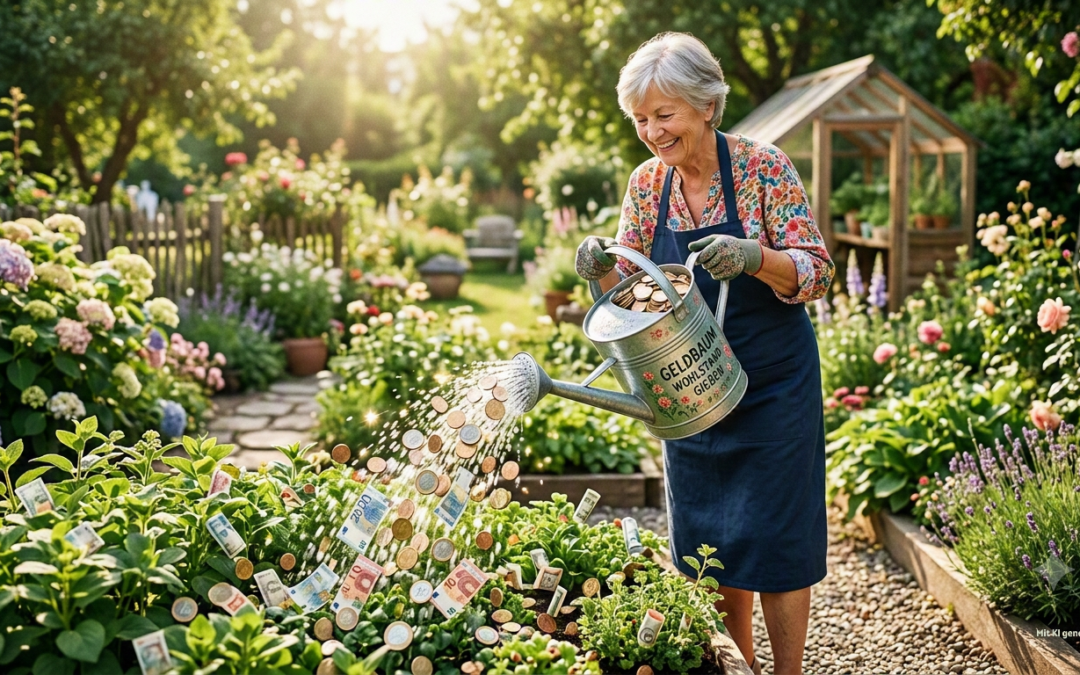 Frau im Garten gießt Geld aus