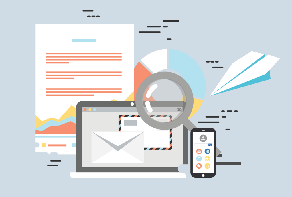 Grafik mit Bildschirm und Dokumenten