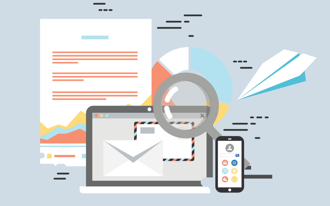 Grafik mit Bildschirm und Dokumenten